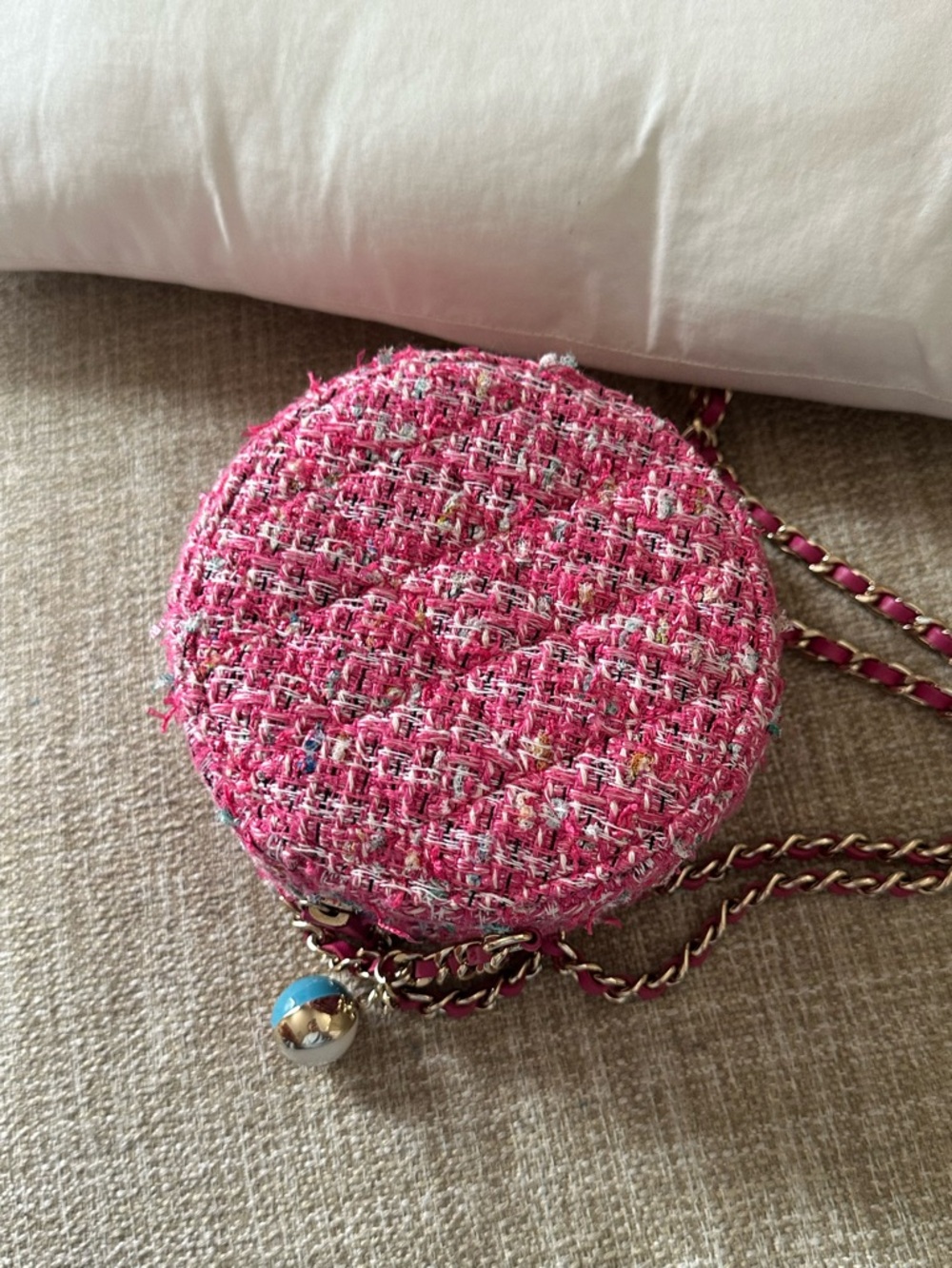 CHANEL Matelassé Round Tweed Chain Shoulder Chain Bag Pink CC Logo - Picture 8 of 12